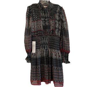 NWT Topshop Women’s Paisley Mock neck Bishop sleeve Mini Chiffon Dress Sz10